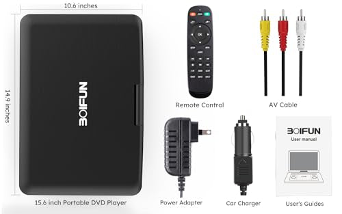 Boifun 17.5" Portable DVD Player with 15.6" Large HD Screen, Black | 6-hour Rechargeable Battery, USB/SD Playback, TV Sync, Multiple Disc Formats, High-volume Speaker, for Road Trip and Home Use