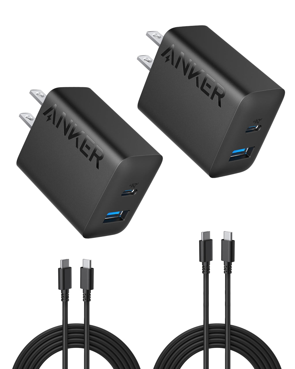 Anker Phone Charger, 20W USB C Charger Block, Type C Charger Fast Charging | For iPhone 18 Pro/17/17 Plus/17 Pro Max/16/16 Plus/16 Pro Max/15 Pro Max/iPad Pro and More (2-Pack with 2 Cables, Black)