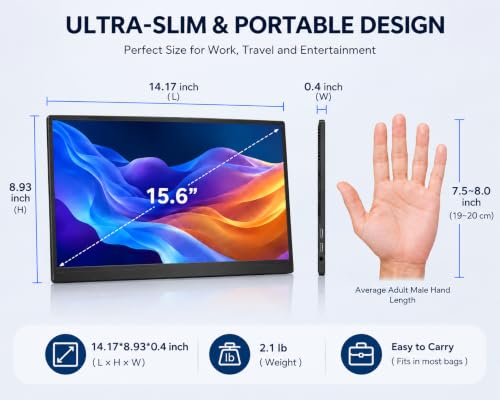 MNN 15.6" FHD 60Hz Portable Monitor USB-C HDMI IPS HDR Gaming Laptop | 15.6" FHD IPS HDR, USB-C one-cable, PC/Mac/Phone/Switch, Smart Case,Laptop , low blue, work&game