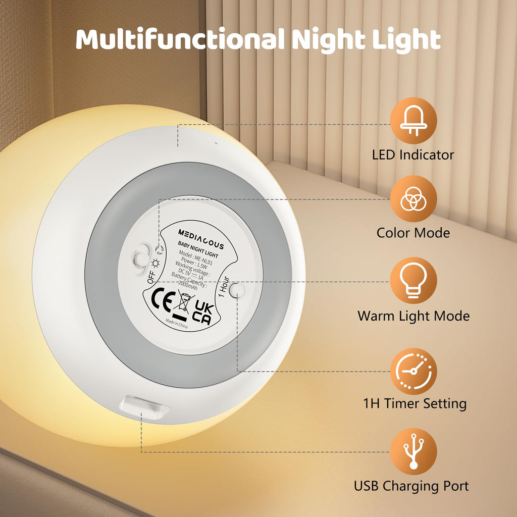 MediAcous Night Light for Kids, 7 Colors Changing Egg Light for Nursery | Stepless Dimming, Soft Silicone Touch Night Lamp with 1 Hour Timer, Rechargeable Nursery Night for Breastfeeding