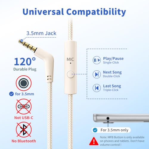 Wired Headphones with Microphone for School, 3.5mm Corded Headphones, Beige | Wired Over Ear Foldable Plug in Headphones, 4.9ft Tangle-Free Nylon Cord for School, Tablet, Laptop, MP3/4, Airplane Travel