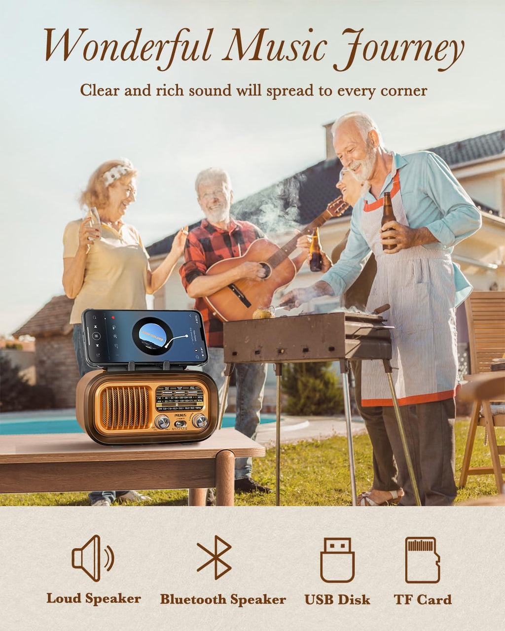 PRUNUS J-150 Portable Radio AM FM SW Bluetooth Speaker,TF Card/USB Playback | Retro Radios Vintage Transistor with Best Sound, Solar/D Battery Operated/USB Charging, TWS