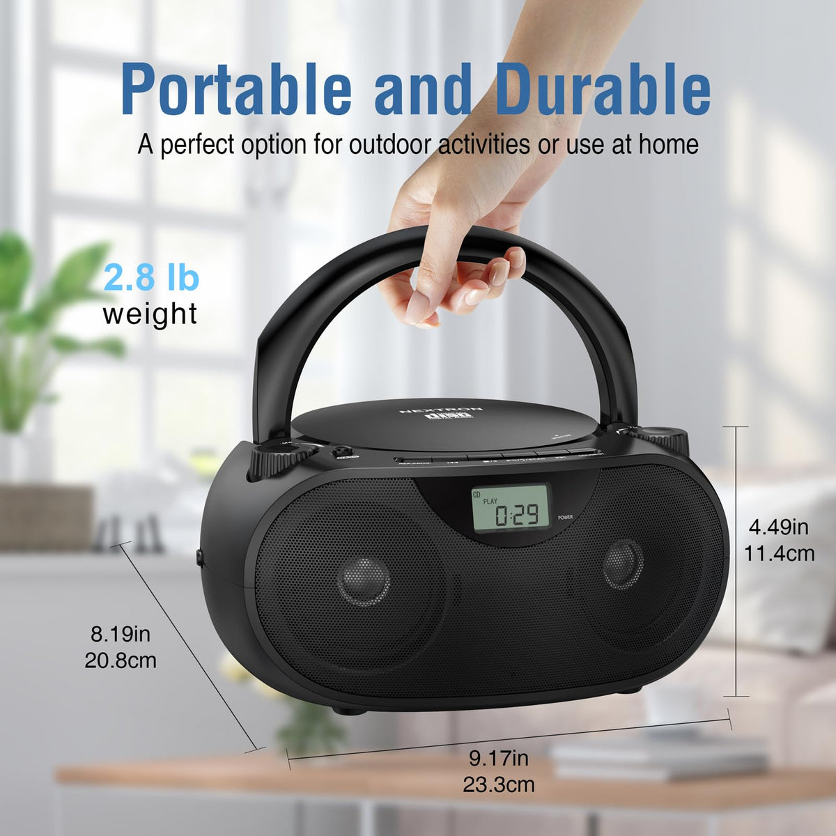Nextron Portable CD Player Boombox with Bluetooth, AM/FM Radio & USB | CD-R/RW, MP3-CD & USB Playback, Stereo Sound, Bass Boost, AUX Input, Headphone Jack, LCD Display, AC/Battery Powered - Black