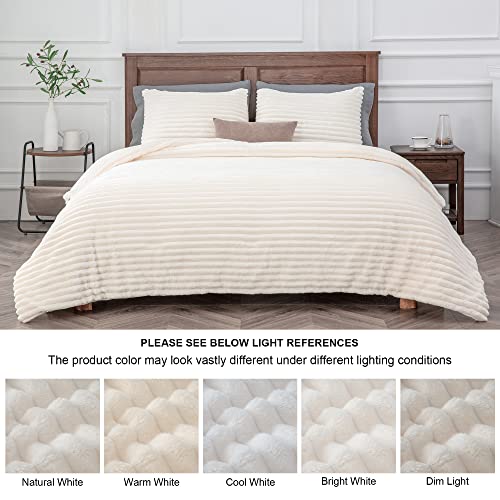 BEDELITE Fleece Queen Comforter Set, Fluffy Bed Set, Cream White | Super Soft & Warm Bedding, Luxury Fuzzy Faux Fur Comforter for Winter, Heavy Plush Bedding, with 2 Pillowcases