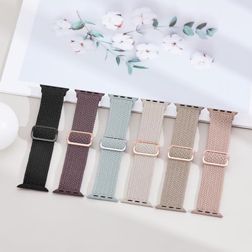 6 Pack Braided Stretchy Bands Compatible with Apple Watch Band Women Men | 38/40/40/42/44/45/46/49mm Adjustable Nylon Solo Loop Elastic Strap for iWatch Series 12 11 10 9 8 7 6 5 4 SE Ultra 4