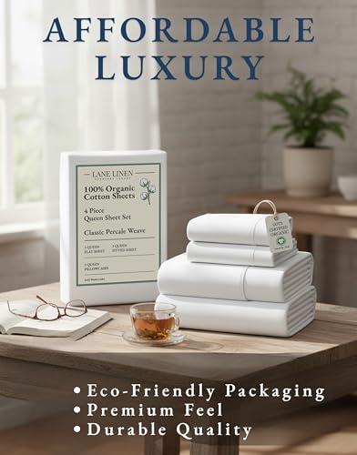 LANE LINEN Queen Sheets 100% Organic Cotton 4pc Percale Cooling - White | Queen Sheet Set, GOTS Certified Organic Cotton Percale - Crisp, Cool & Breathable, For Hot Sleepers, All-Season Comfort