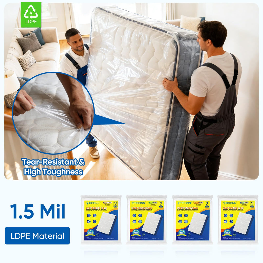 TICONN 2PK Plastic Mattress Bags for Moving, Waterproof Mattress Cover | 1.5 Mil 103"x62"x16", 3D Gusset Design, Tear Resistant & Dust Protection Mattress Protector for Moving and Storage