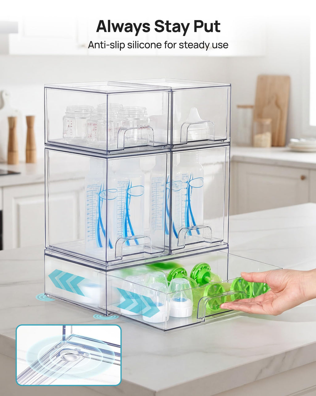 Vtopmart Clear Stackable Storage Drawers Set of 5, Plastic Organizer Bins | Multi-purpose Boxes for Baby Bottle Storage, Ideal for Kichen, Vanity, Bathroom, Undersink, Cabinet, Pantry Organization