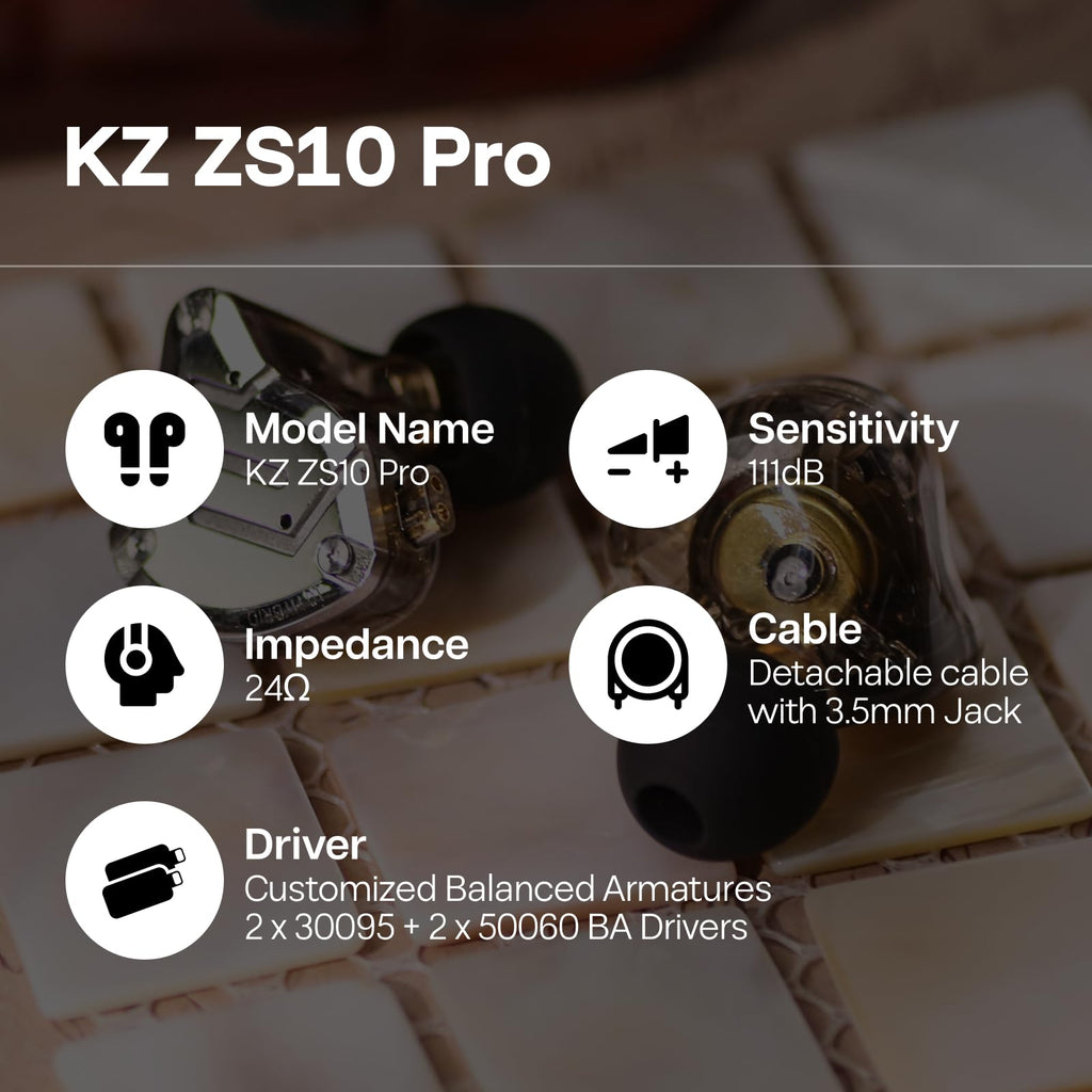 Linsoul KZ ZS10 Pro, 4BA+1DD 5 Driver in Ear Monitor, HiFi Wired Earbuds, Gaming Earbuds, Hybrid IEM Earphones with Stainless Steel Faceplate, Detachable Cable for Musician(Without Mic, Black)