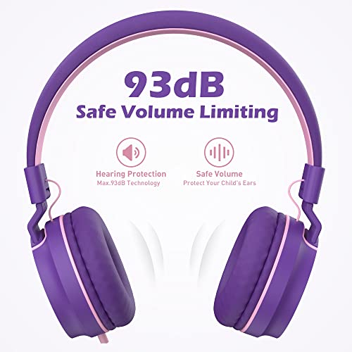 Kids Headphones for School with Microphone, 93dB Volume Limited, PinkPurple | Wired On Ear Headphones for Girls Boys, Foldable Lightweight Headphone for Classroom Learning & Entertainment Travel Computer