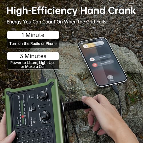 Solar Radio Emergency Hand Crank 12000mAh with Clear Signal | AM FM NOAA Weather Radio Battery Operated with 2-Mode LED Flashlight Cell Phone Charger Dual Outputs SOS