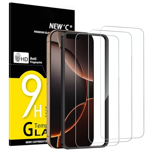 NEW'C for iPhone 17, iPhone 17 Pro, iPhone 16 Pro Screen Protector | 3 Pack, HD Clear, Easy Installation Tool Included, Tempered Glass, 9H Hardness, Scratch Resistant, Bubble Free