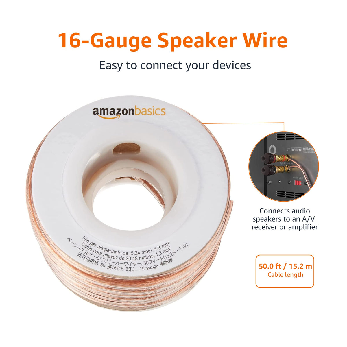 Amazon Basics 16-Gauge Speaker Wire Cable, Polarity Marked, 50 feet, Transparent