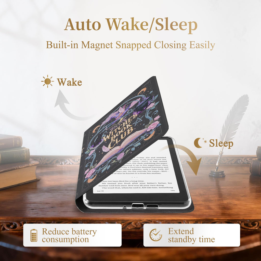 Vane Oak Magnetic Book Cover Case for 7'' Kindle Paperwhite & Colorsoft | Magnetic Detachable, Auto Wake/Sleep, Clear PC Case, Soft TPU Edge, Hands-Free Viewing, For Bookish Travelers, Magic Cat