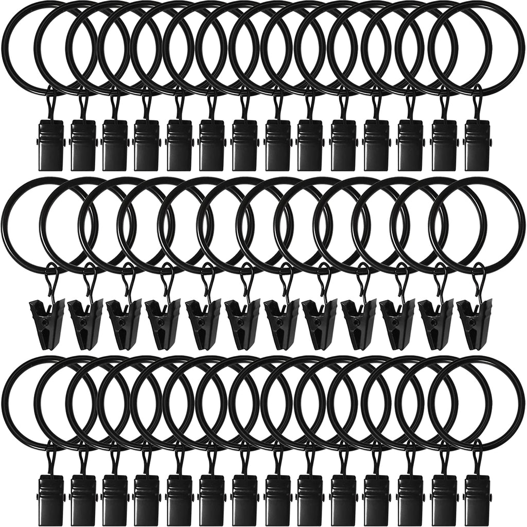 AMZSEVEN 40 Pack Metal Curtain Rings with Clips, 1.26 in ID, Black | Curtain clip rings fit rods up to 1 inch in diameter; securely hold curtains, baby pants on hangers and hair bows