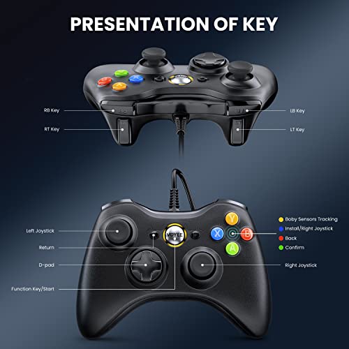 VOYEE PC Controller, Wired Compatible with Xbox 360 & Slim/Windows 10/8/7 | Upgraded Joystick, 7.2ft Cord, Ergonomic Grips, Double Shock | Enhanced (Black)