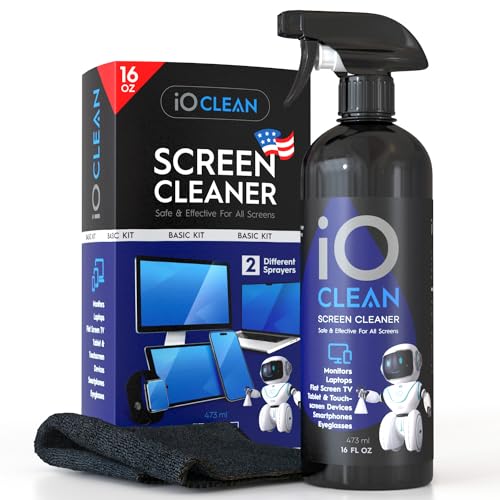 iO CLEAN 16oz Screen Cleaner Spray – Best Large Cleaning Kit | for LCD, LED & OLED TV, Smartphone, iPad, Laptop, Touchscreen, Computer Monitor, Microfiber Cloth Wipes & 2 Nozzles