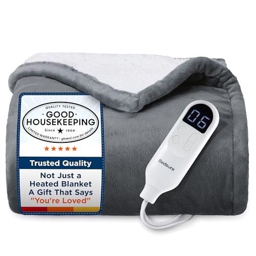 Bedsure Heated Blanket Throw Blanket with Preheat Function - Fast Heating Electric Blanket, Soft Flannel Throw with 6 Time Settings(Up to 10H), 6 Heating Settings, Gifts for Grandma (50"x60", Grey)