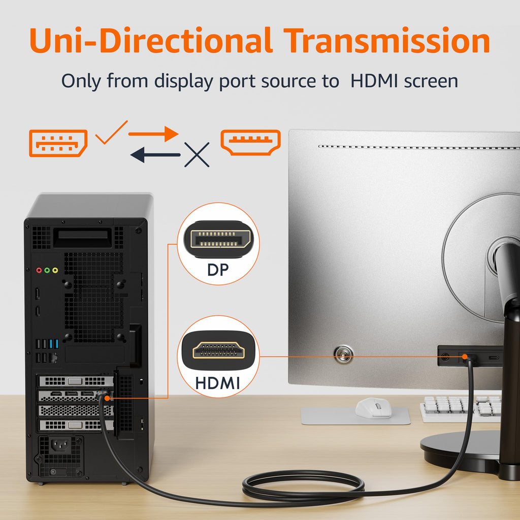 Amazon Basics DisplayPort to HDMI Cable, Uni-Directional, 4K@30Hz, 1920x1200, 1080p, Gold-Plated Connectors for Enhanced Picture Quality and Sound, 6 ft, Black Temp