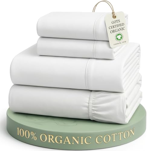 LANE LINEN Queen Sheets 100% Organic Cotton 4pc Percale Cooling - White | Queen Sheet Set, GOTS Certified Organic Cotton Percale - Crisp, Cool & Breathable, For Hot Sleepers, All-Season Comfort