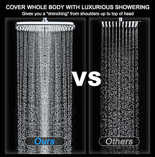 Rain Shower Head with Handheld Showerhead, Chrome 1.8GPM 460311 | 12" High Pressure Rainfall Shower Heads, 9 Sprays Handheld Showerheads, Magnetic Docking, Power Jets, 59" Shower Hose