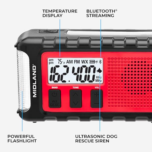 Midland - ER310PRO, Portable Emergency Bluetooth Weather AM/FM Radio | 10,000 mAh Power Bank - Multiple Power Sources, SOS Flashlight, Ultrasonic Rescue Dog Siren, & NOAA Weather (Red/Black)