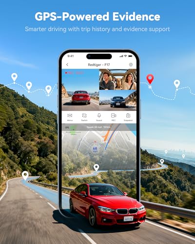 REDTIGER F17 4K 3CH Dash Cam, STARVIS 2 Sensor HDR, 64GB Card, 5.8GHz WiFi | 2160P+1080P*2 Front Inside and Rear, 4 IR Night Vision, G-Sensor, GPS Tracking, Exclusive App, WDR Car Camera, Parking Mode