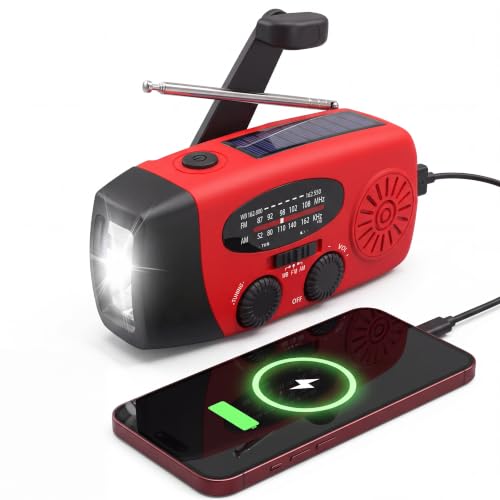 RunningSnail Hand Crank Radio with Flashlight, NOAA/AM/FM Emergency Radio | 2000mAh/7400mWh,Lightweight&Compact,Bright LED Flashlight,Cranked,Solar Power,USB-C,for Power Outage,Emergencies,Camping,Red