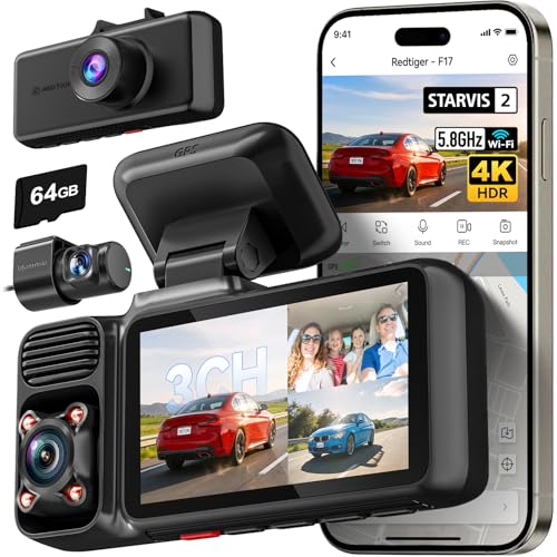 REDTIGER F17 4K 3CH Dash Cam, STARVIS 2 Sensor HDR, 64GB Card, 5.8GHz WiFi | 2160P+1080P*2 Front Inside and Rear, 4 IR Night Vision, G-Sensor, GPS Tracking, Exclusive App, WDR Car Camera, Parking Mode