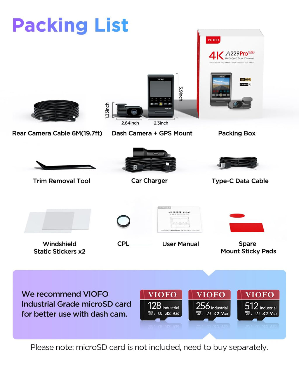 VIOFO A229 Pro 4K HDR Dash Cam Front and Rear, Dual STARVIS 2 Sensors | 4K Front and 2K Rear, IMX678 & IMX675 sensors, 5GHz Wi-Fi, GPS, Voice Control, Buffered 24H Parking Mode, Night Vision 2.0