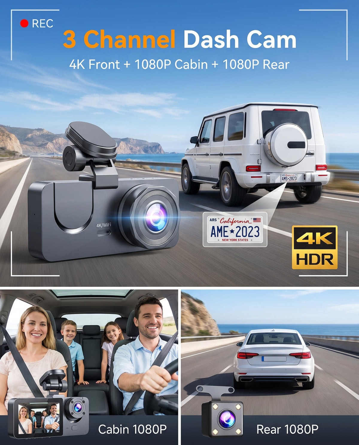 Dash Cam Front and Rear Inside, 4K Full HD 3 Channel Dash Camera for Car