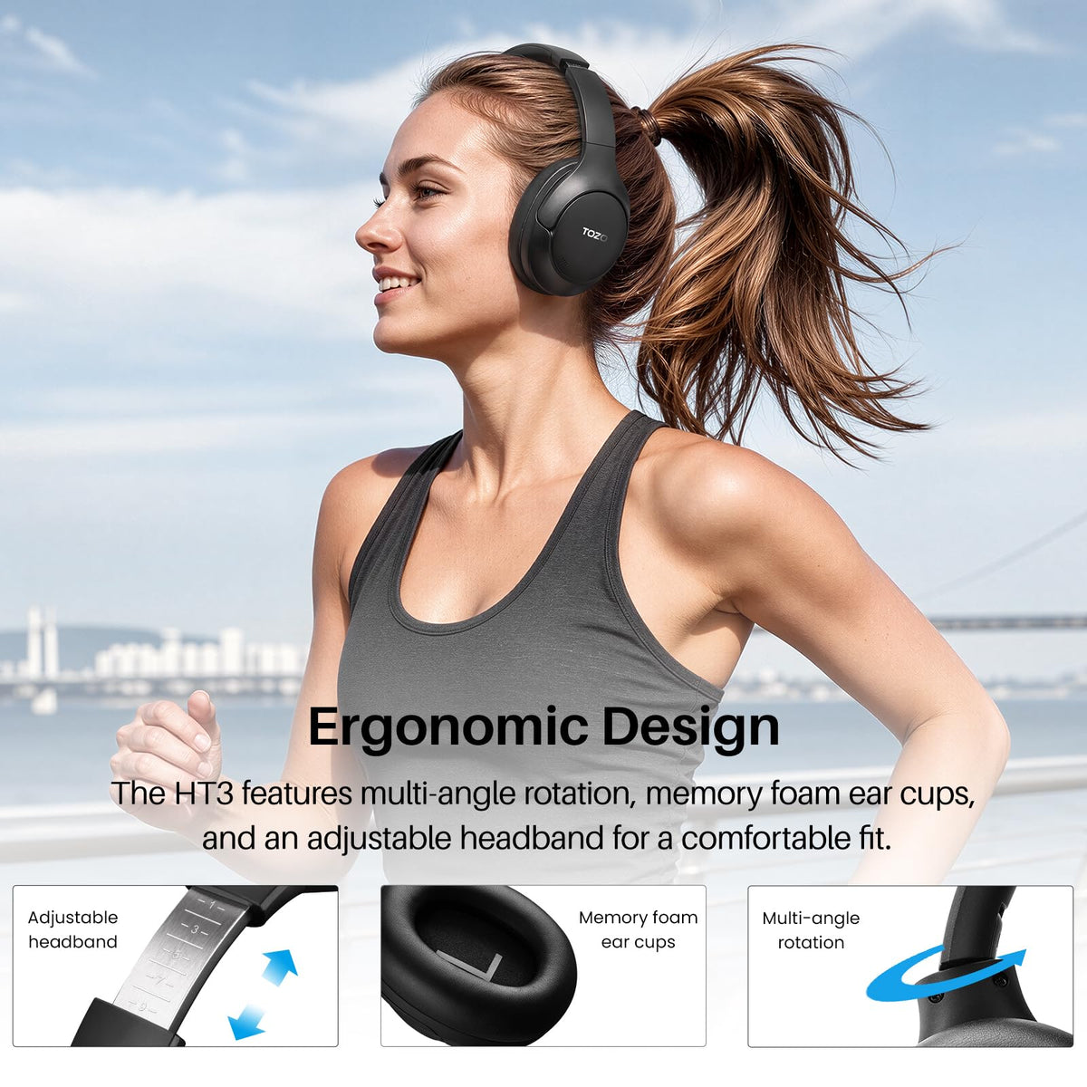 TOZO HT3 Hybrid Noise Cancelling Wireless Headphones, 90H Over Ear Headset | Hi Res Audio, AI Voice Assistant, Dual Device Connection, 32 Custom EQs, Built In 5 Mics, ANC, Foldable, Bluetooth 6.0 Black