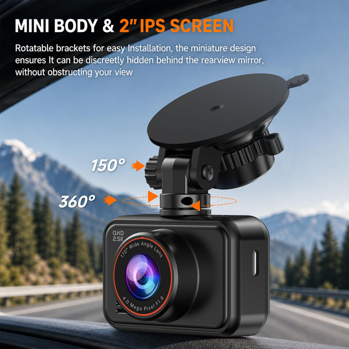 Dash Cam Front and Rear for Cars, 2.5K+1080P Dual Camera with 2" Screen | WDR Night Vision, 170° Lens, G-Sensor, Loop Recording, 360° Mount, Mini Design, 256GB Max, 24H Parking, SD Card Not Included