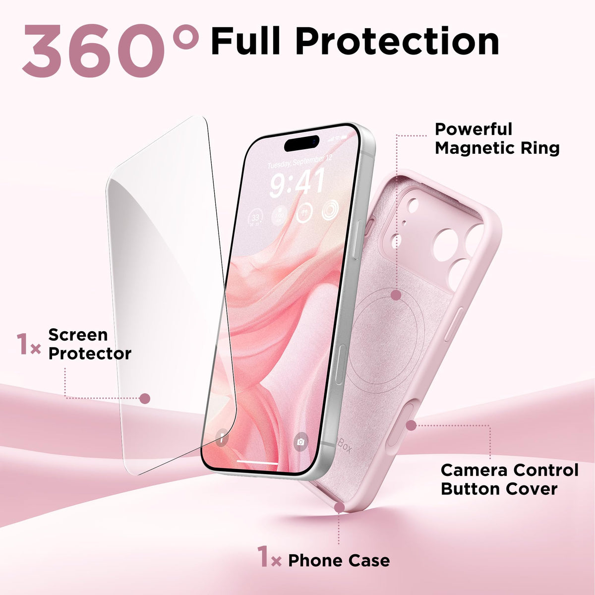 GolbinBox Magnetic for iPhone 18 Pro Case/17 Pro Case, Chalk Pink | Compatible with MagSafe, Camera Protection, Screen Protector, Silicone Shockproof Phone Case, Anti-Scratch Microfiber Lining