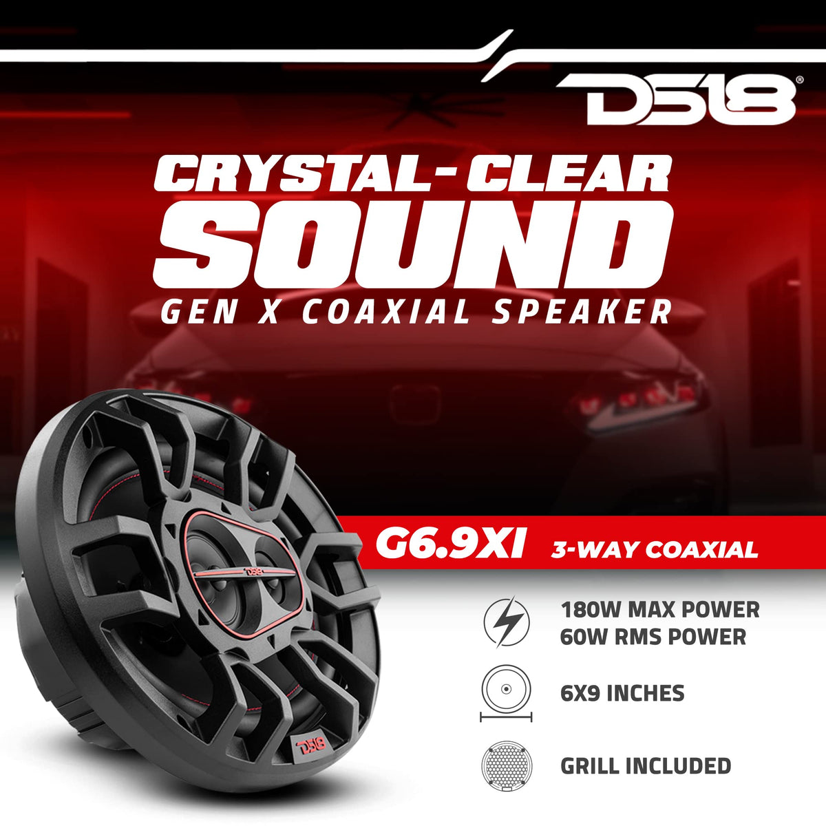 DS18 G6.9Xi GEN-X 6x9 3-Way Coaxial Speakers 180 Watts 4-Ohm with Mylar Dome Tweeters - Grill Included - Full Range Speaker Great for Car Stereo Sound System - Pair