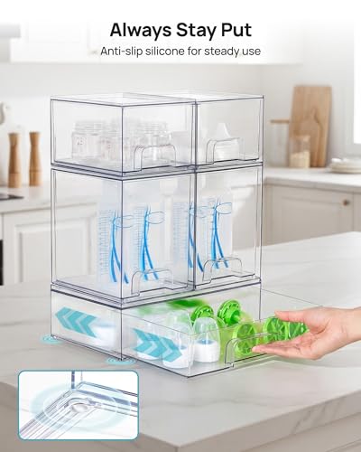 Vtopmart Clear Stackable Storage Drawers Set of 5, Plastic Organizer Bins | Multi-purpose Boxes for Baby Bottle Storage, Ideal for Kichen, Vanity, Bathroom, Undersink, Cabinet, Pantry Organization