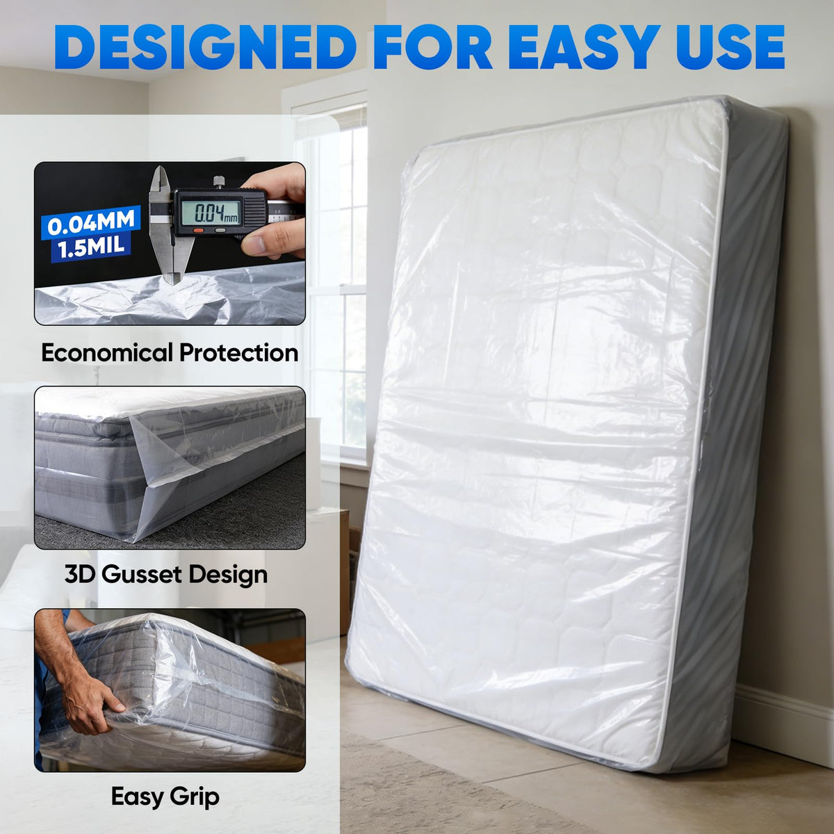 TICONN 2PK Plastic Mattress Bags for Moving, Waterproof Mattress Cover | 1.5 Mil 103"x62"x16", 3D Gusset Design, Tear Resistant & Dust Protection Mattress Protector for Moving and Storage