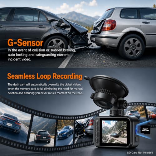 Dash Cam Front and Rear for Cars, 2.5K+1080P Dual Camera with 2" Screen | WDR Night Vision, 170° Lens, G-Sensor, Loop Recording, 360° Mount, Mini Design, 256GB Max, 24H Parking, SD Card Not Included