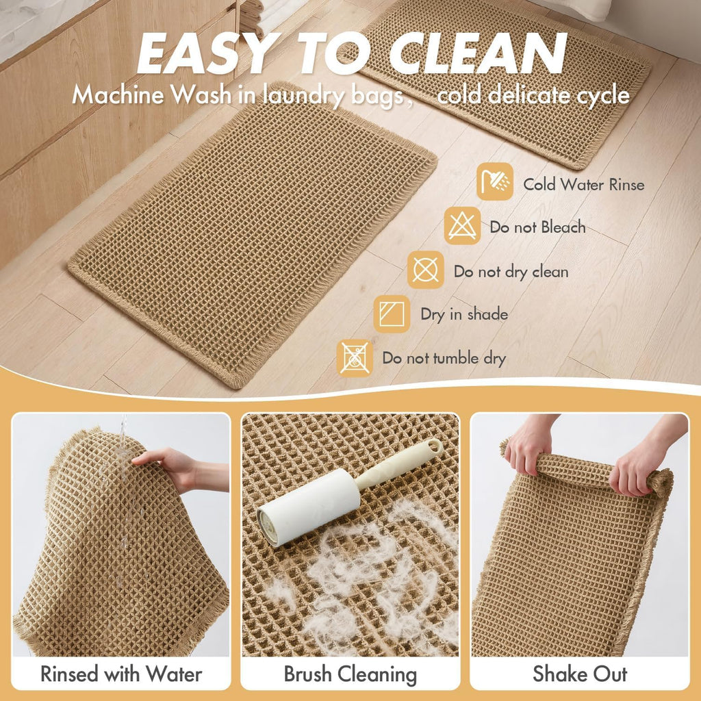 MIULEE Set of 2 Waffle Bathroom Rugs Boho Bath Mat Brown 18x30 Inch | Non Slip, Super Absorbent, Washable, Ultra Soft, Rubber Backed Bath Rugs for Bathroom Floor Tub Shower