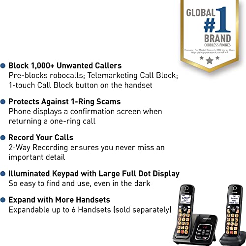 Panasonic Cordless Phone with Answering Machine, 2 Handsets Landline Phone | Home phones landline cordless featuring an answering machine, call block and caller ID, Metallic Black, KX-TGD832M