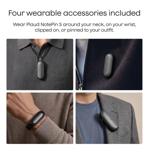 Plaud NotePin S Wearable AI Voice Recorder, Transcribe & Summarize, Black | AI Note Taker for Meetings Interviews, Professionals, Teams, 112 Languages, App Control, Find My, 4 Accessories