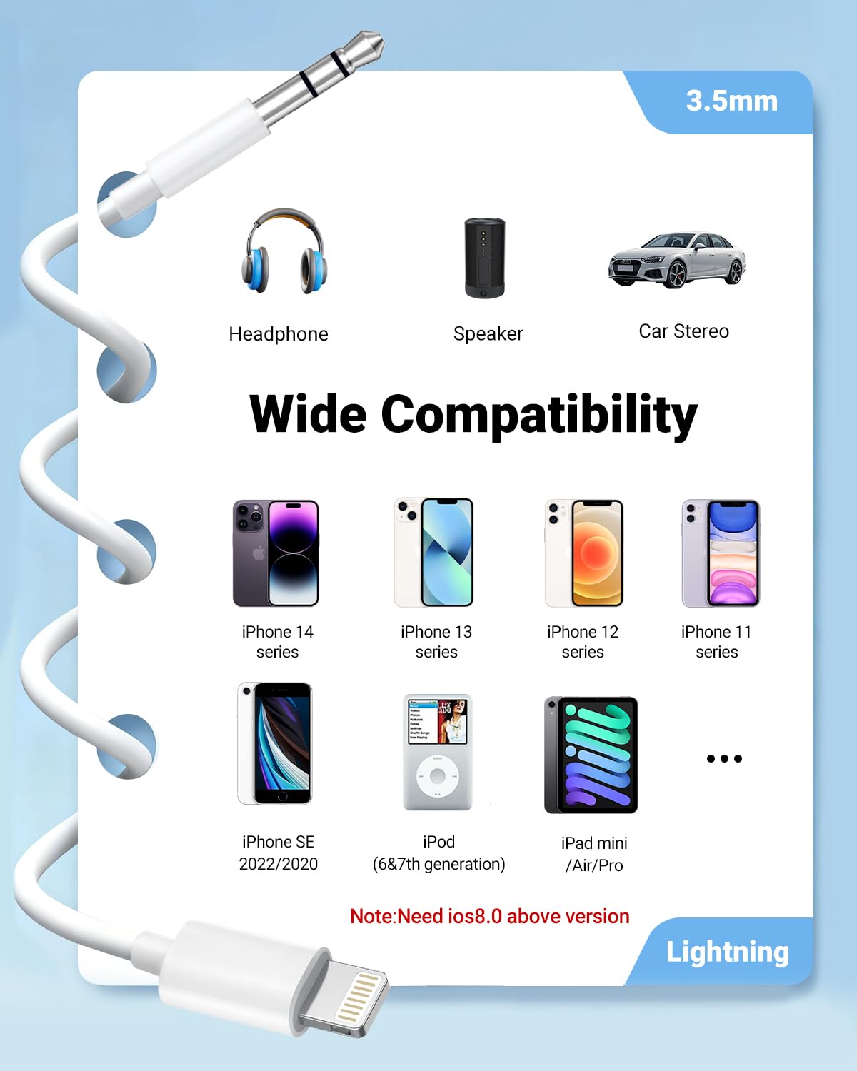 Aux Cord for iPhone,[Apple MFi Certified] Lightning to 3.5 mm AUX Cable for Car Stereo, Speaker, Headphone, Auxiliary Audio Cable Compatible with iPhone 14 13 12 11 XS XR X 8 7 3.3FT White
