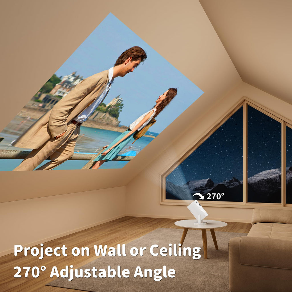 Mini Projector with 4K Support, Portable Short Throw Proyector | Electric Focus&Keystone, 270° Rotatable Stand, Compatible with TV Stick, Phone & Laptop, Holiday Gift Idea