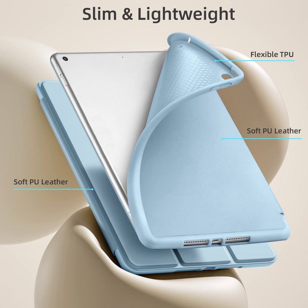 Akkerds for iPad 9th/8th/7th Generation Case 10.2 Inch, Sky Blue | With Pencil Holder, for iPad 10.2 Case 2021/2020/2019, Soft TPU Back, Slim Trifold Stand Protective Cover, Auto Sleep/Wake
