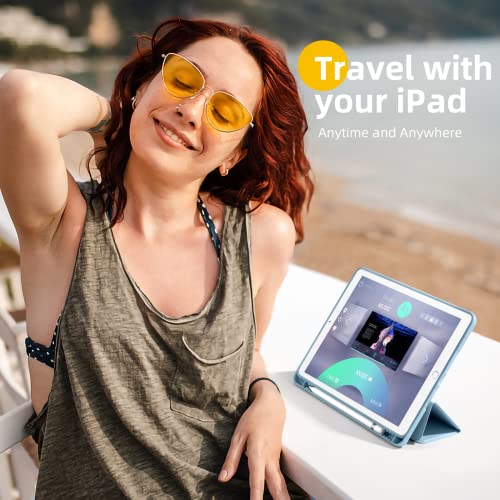 Akkerds for iPad 9th/8th/7th Generation Case 10.2 Inch, Sky Blue | With Pencil Holder, for iPad 10.2 Case 2021/2020/2019, Soft TPU Back, Slim Trifold Stand Protective Cover, Auto Sleep/Wake