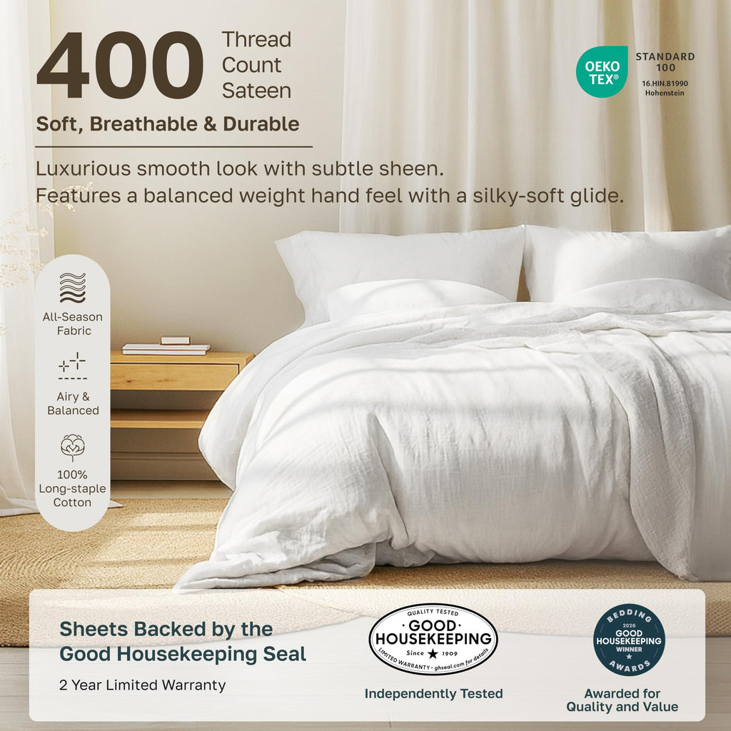 California Design Den Soft 100% Cotton Sateen Queen Bed Sheets Set, White | 400 Thread Count Backed by Good Housekeeping Seal, 16" Deep Pocket, All-Around Elastic, Durable, Easy Care