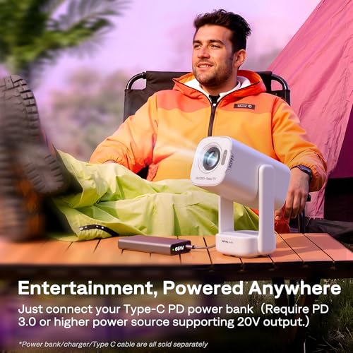 Aurzen Roku TV D1R air USB-C Powered Smart Portable Outdoor Projector White | Roku TV Built-in, WiFi & Bluetooth, Power Bank Supported, Native 1080P, DoIby Audio, Mini Projector for Home & Outdoor Movies