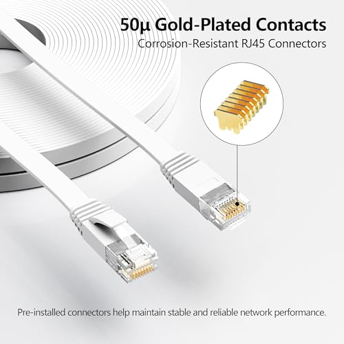 Jadaol Cat6/Cat6A Ethernet Cable 50FT Flat with Clips 10Gbps Network, White | 1FT 3FT 5FT 10FT 15FT 20FT 25FT 30FT 35FT 50FT 60FT 75FT 100FT 150FT 200FT LAN Patch Cable for Router, Modem, Switch, Gaming