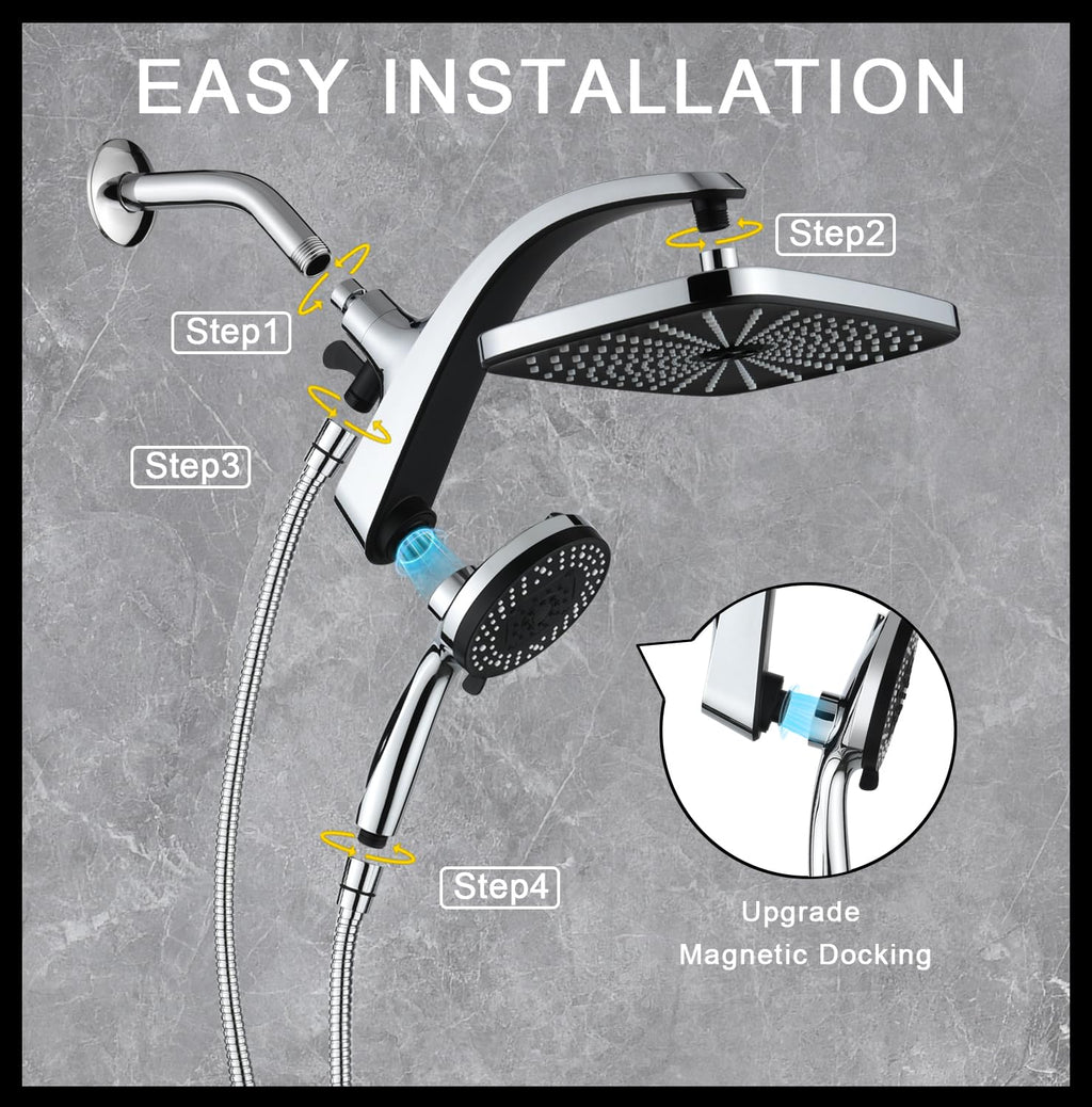 Rain Shower Head with Handheld Showerhead, Chrome 1.8GPM 460311 | 12" High Pressure Rainfall Shower Heads, 9 Sprays Handheld Showerheads, Magnetic Docking, Power Jets, 59" Shower Hose