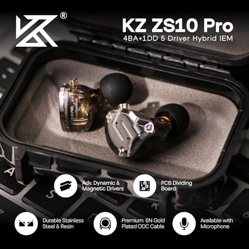 Linsoul KZ ZS10 Pro, 4BA+1DD 5 Driver in Ear Monitor, HiFi Wired Earbuds, Gaming Earbuds, Hybrid IEM Earphones with Stainless Steel Faceplate, Detachable Cable for Musician(Without Mic, Black)